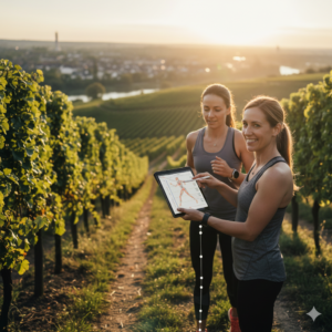 ndividuelles Privattraining mit Annett Boller von Rückenwind Ingelheim: Eine Läuferin erhält direktes Feedback zur Lauftechnik auf einem sonnigen Waldweg in Ingelheim.