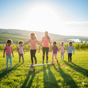 Fröhliche Kinder beim Kindertraining Ingelheim führen Koordinationsübungen in der Natur aus, um spielerisch die Motorik und die frühkindliche Entwicklung zu fördern.