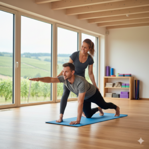 Eine Trainerin unterstützt einen Mann bei einer stabilisierenden Rückenübung auf einer Yoga-Matte in einem hellen Studio in Ingelheim