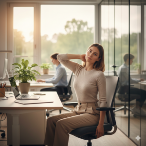 Frau im Büro führt eine Nackendehnung am Schreibtisch aus – Prävention von Verspannungen durch Rückenwind Ingelheim.
