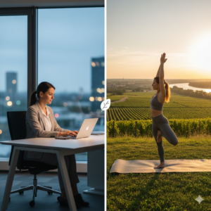 Split-Screen-Darstellung: Links eine Frau am Laptop im Büro in Ingelheim, rechts dieselbe Frau beim Yoga (Baum-Pose) in den sonnigen Weinbergen am Rhein.