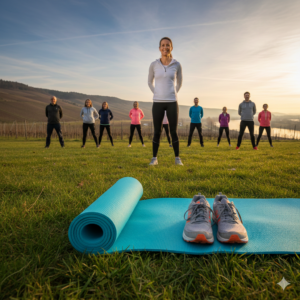 oga-Matte und Laufschuhe auf einer Wiese in den Ingelheimer Weinbergen bei Sonnenuntergang mit einer Sportgruppe im Hintergrund.