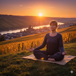 Frau praktiziert Yoga und Meditation im Lotussitz während des Sonnenuntergangs in den Weinbergen von Ingelheim zur Stressprävention.