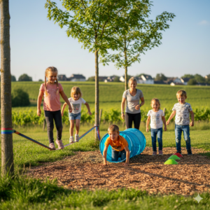 Kinder beim Koordinationstraining auf einer Slackline und in einem Spieltunnel in den Ingelheimer Weinbergen unter Anleitung einer Trainerin.