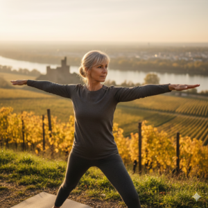 Eine vitale Frau über 50 praktiziert Yoga in den Weinbergen von Ingelheim zur Förderung von Beweglichkeit und Krafttraining im Alter.